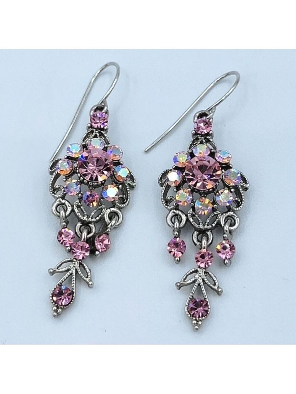 Ornate Silvertone Earrings With Pink Crystals #1811